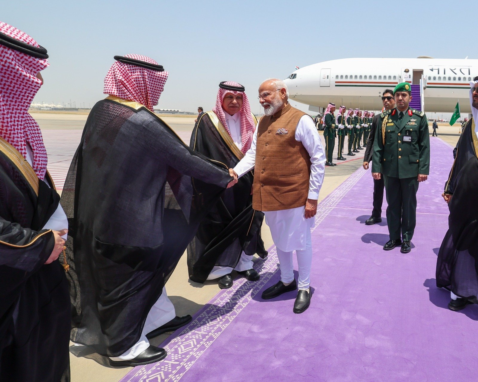 Narendra Modi arrives in Saudi Arabia for a two-day visit, his aircraft escorted by F15 fighter jets as a special gesture