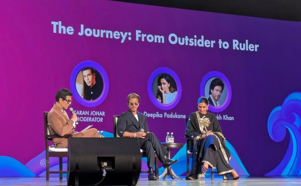 WAVES 2025: Bollywood personalities Karan Johar, Shah Rukh Khan, Deepika Padukone at a session on May 1