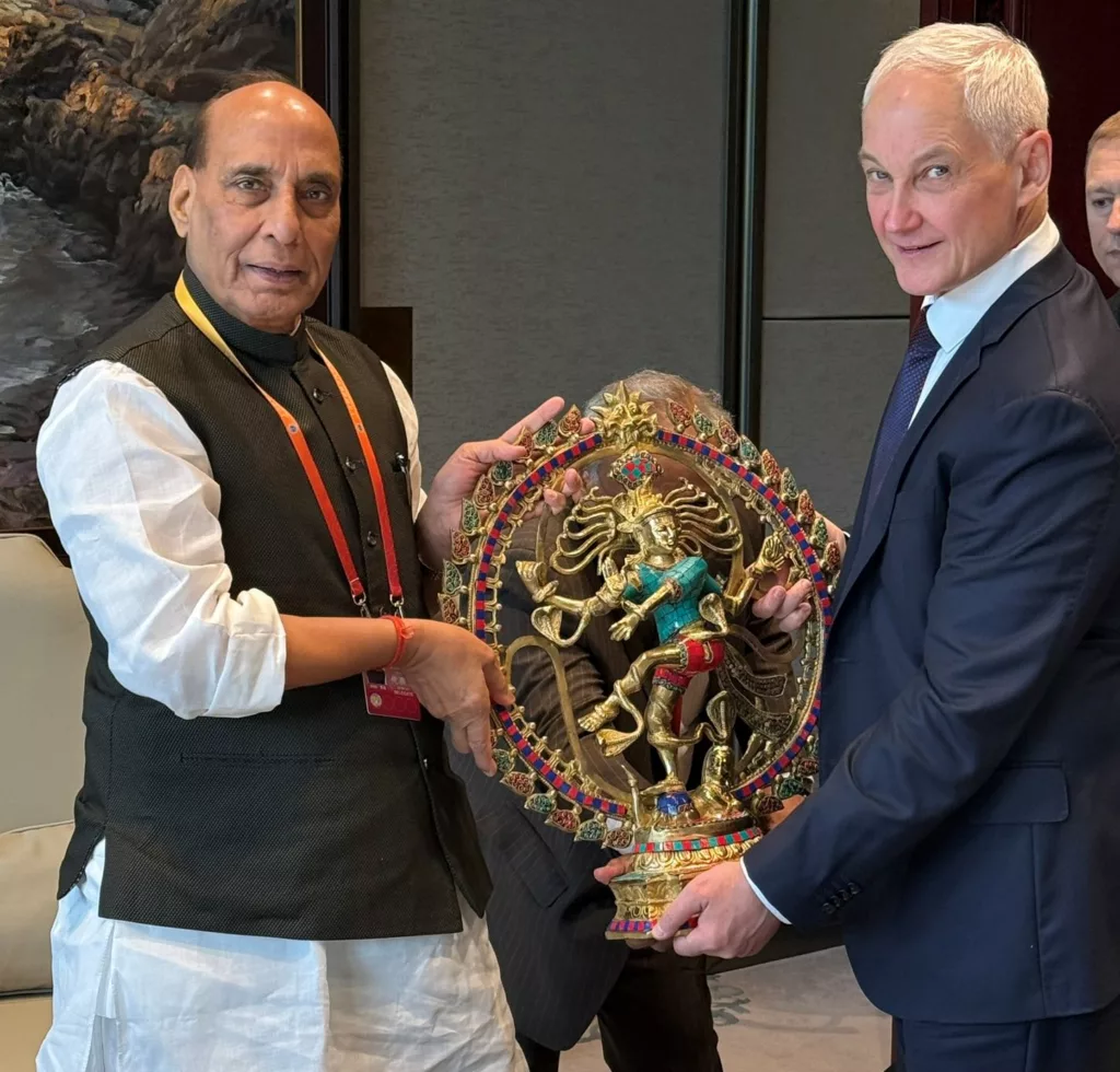 Indian Defence Minister Rajnath Singh with Russian Defence Minister Andrey Belousov at the SCO Defence Ministers’ Meeting in Qingdao, China