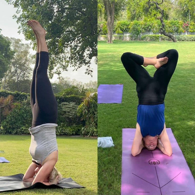 Norwegian envoy to India May-Elin Stener performs yoga