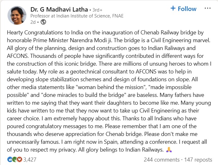 LinkedIn post of Dr Madhavi Latha
